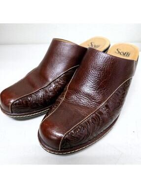 Sofft Brown Tooled Leather Mules Size 9.5 M